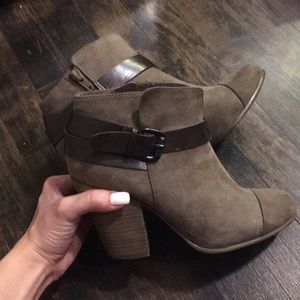 Taupe Suede Booties with Brown Belt Detail